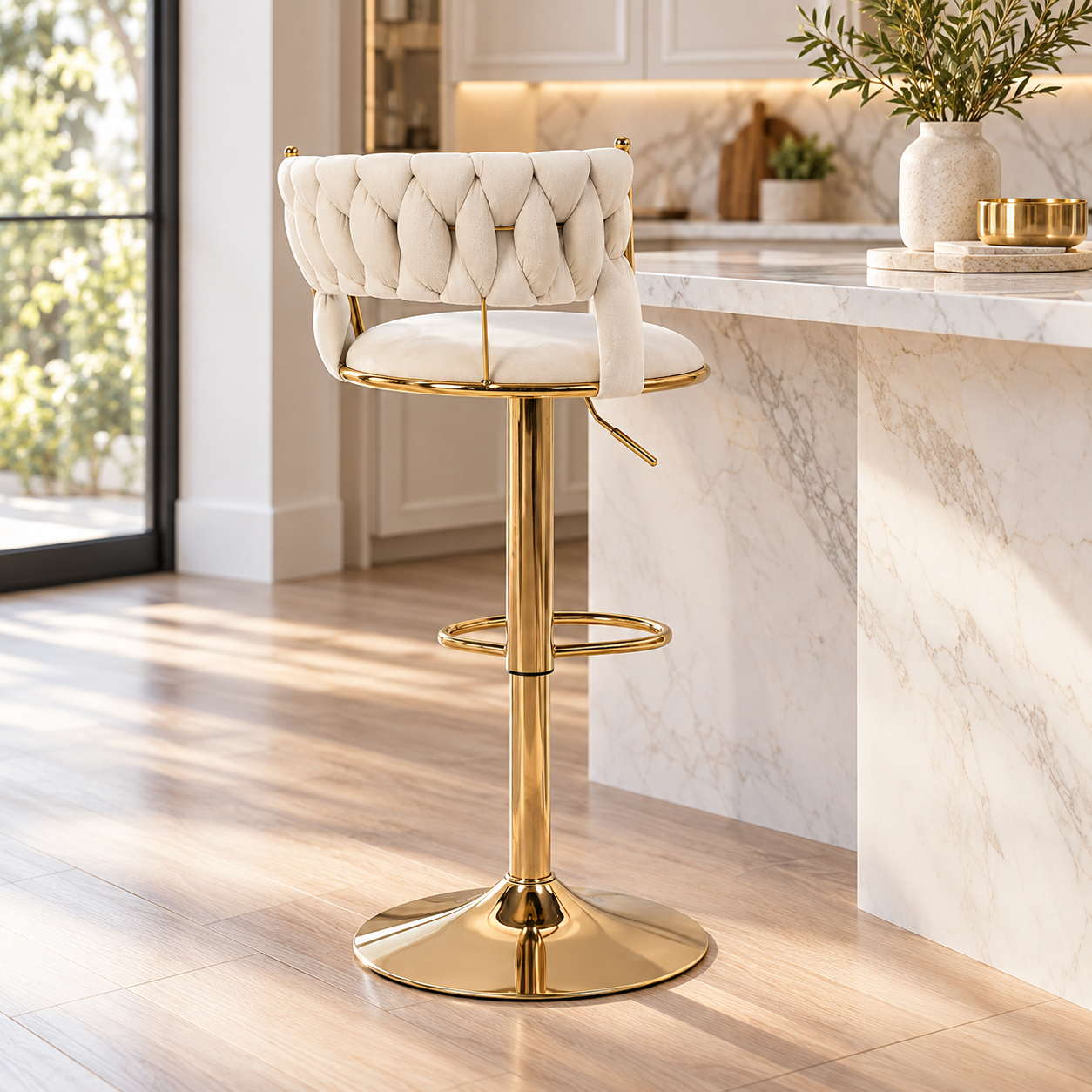 White Velvet Bar Stool with Gold Base & Footrest