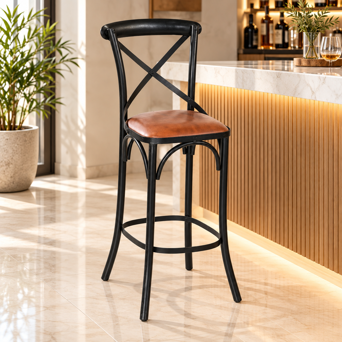 Metal Cross-Back Bar Chair – Crosston Leather-Look | Furniba
