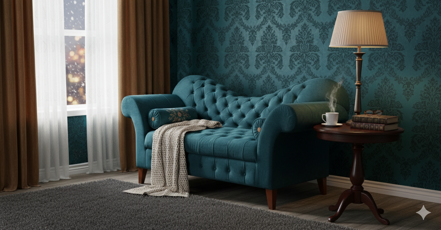 "Luxury Teal Velvet Tufted Chaise Lounge  Sofa with Rolled Arms"