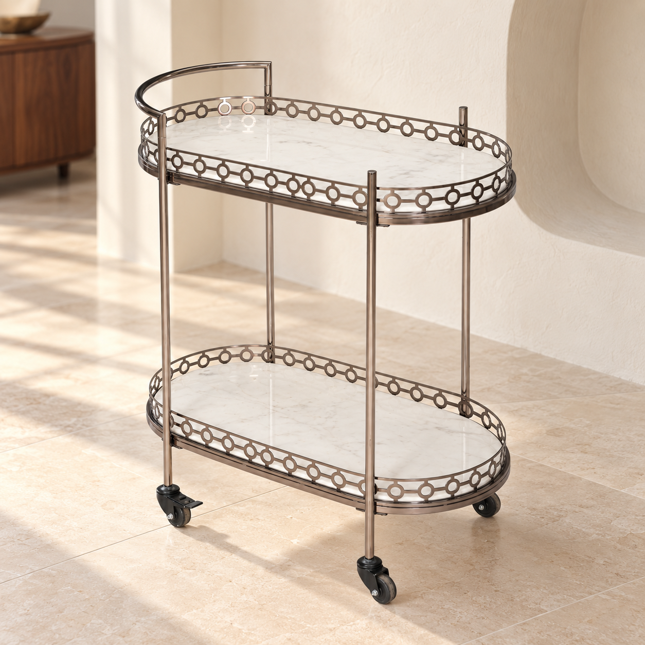 Metal Bar Trolley – Oval 2-Tier Serving Cart with Wheels | Furniba