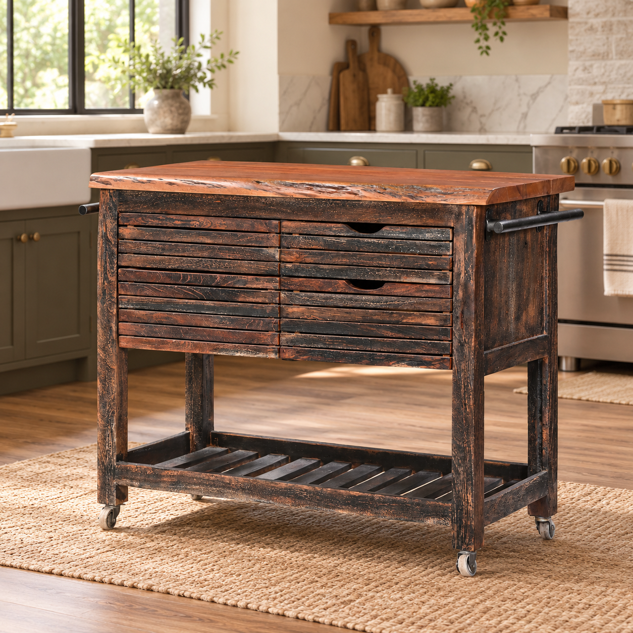 Wooden Kitchen Trolley with 4 Drawers & Open Shelf | Furniba