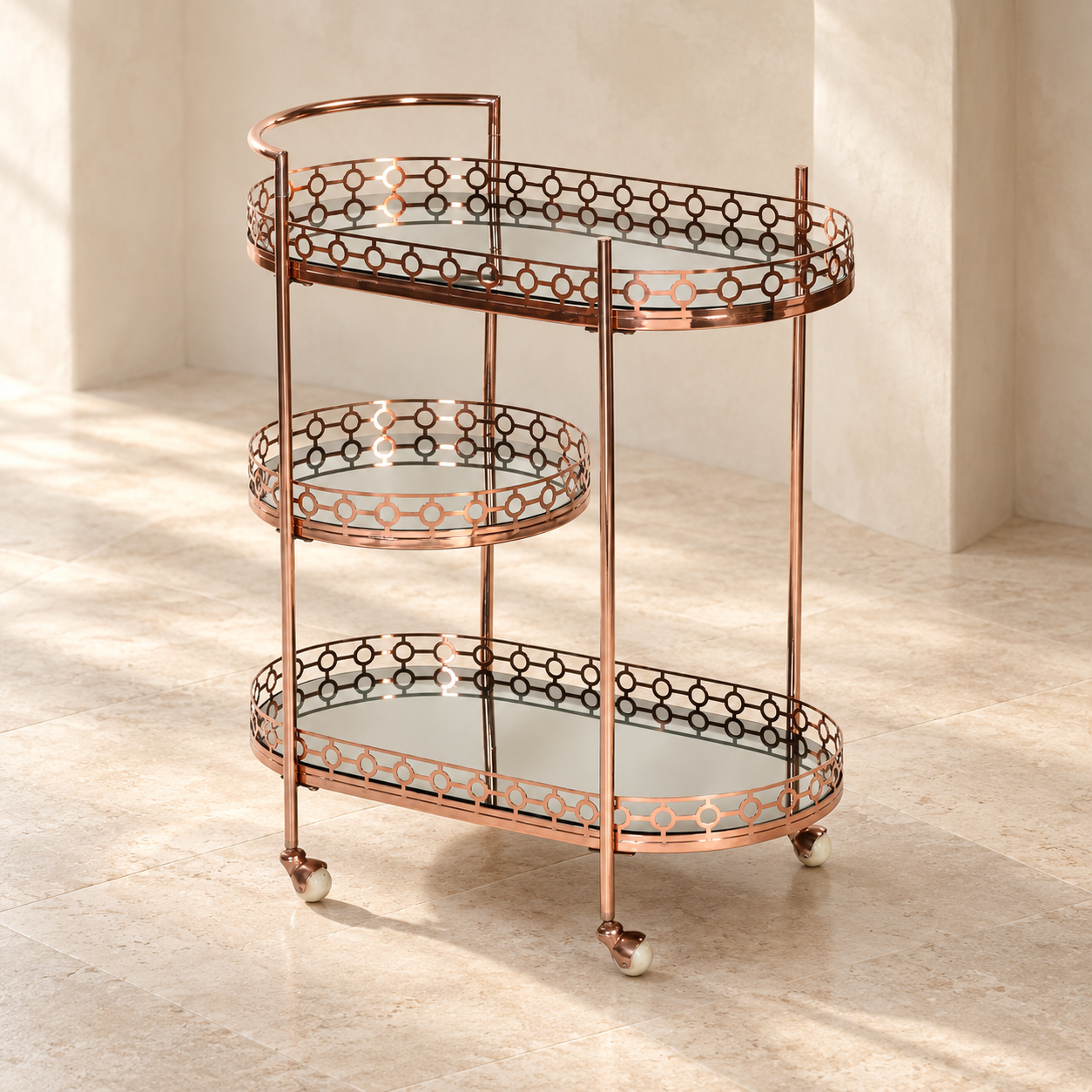 3 Tier Bar Trolley – Rose Gold Tone Oval Serving Cart | Furniba