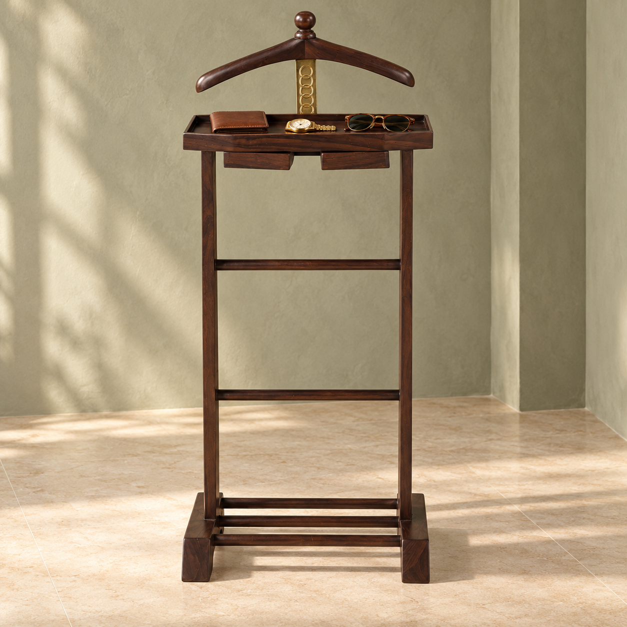Wooden Valet Stand with Accessory Trays & Shoe Rack | Furniba