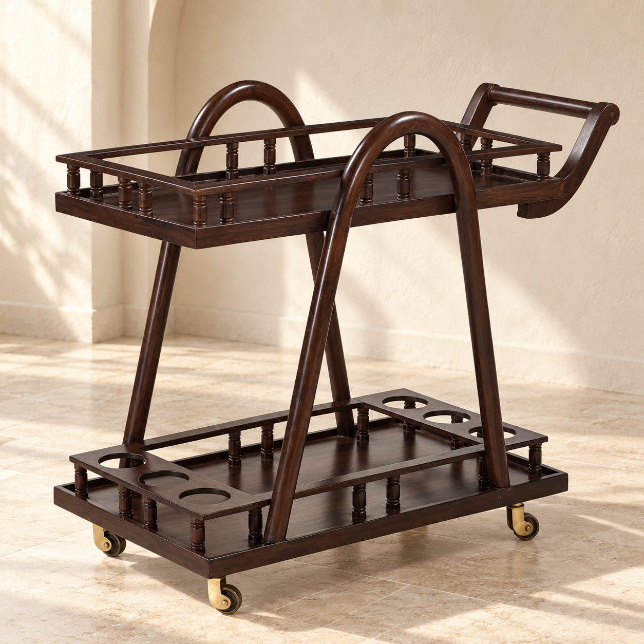 Wooden Bar Trolley – 2 Shelves & 6 Bottle Slots | Furniba