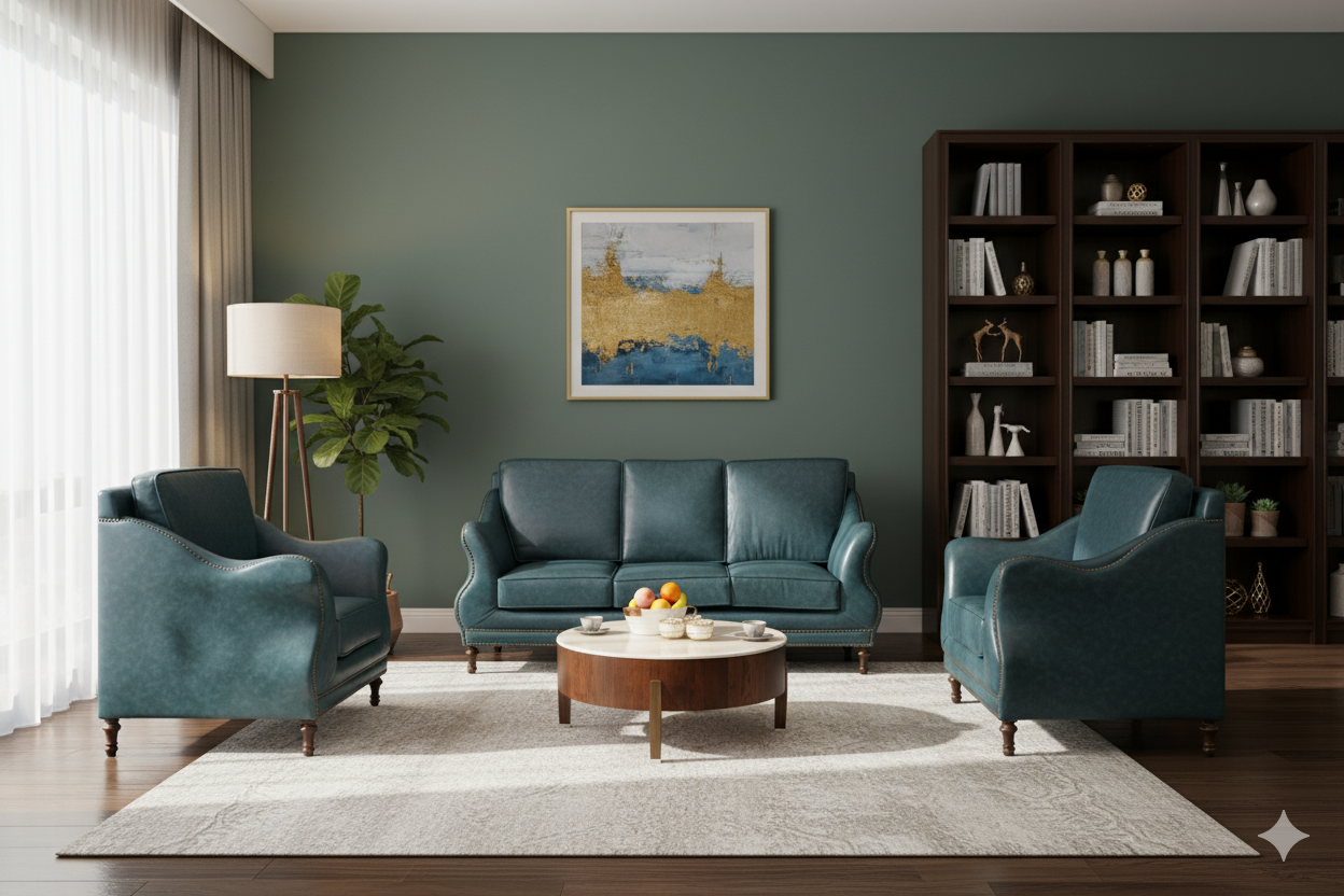 "Luxury Teal Blue Leather 5-Piece Sofa  Set with Nailhead Trim & Wooden Legs"