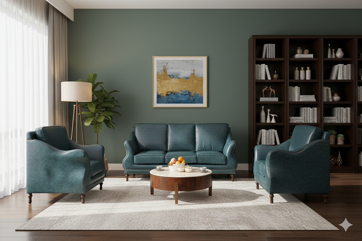 "Luxury Teal Blue Leather 5-Piece Sofa  Set with Nailhead Trim & Wooden Legs"