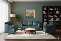 "Luxury Teal Blue Leather 5-Piece Sofa  Set with Nailhead Trim & Wooden Legs"