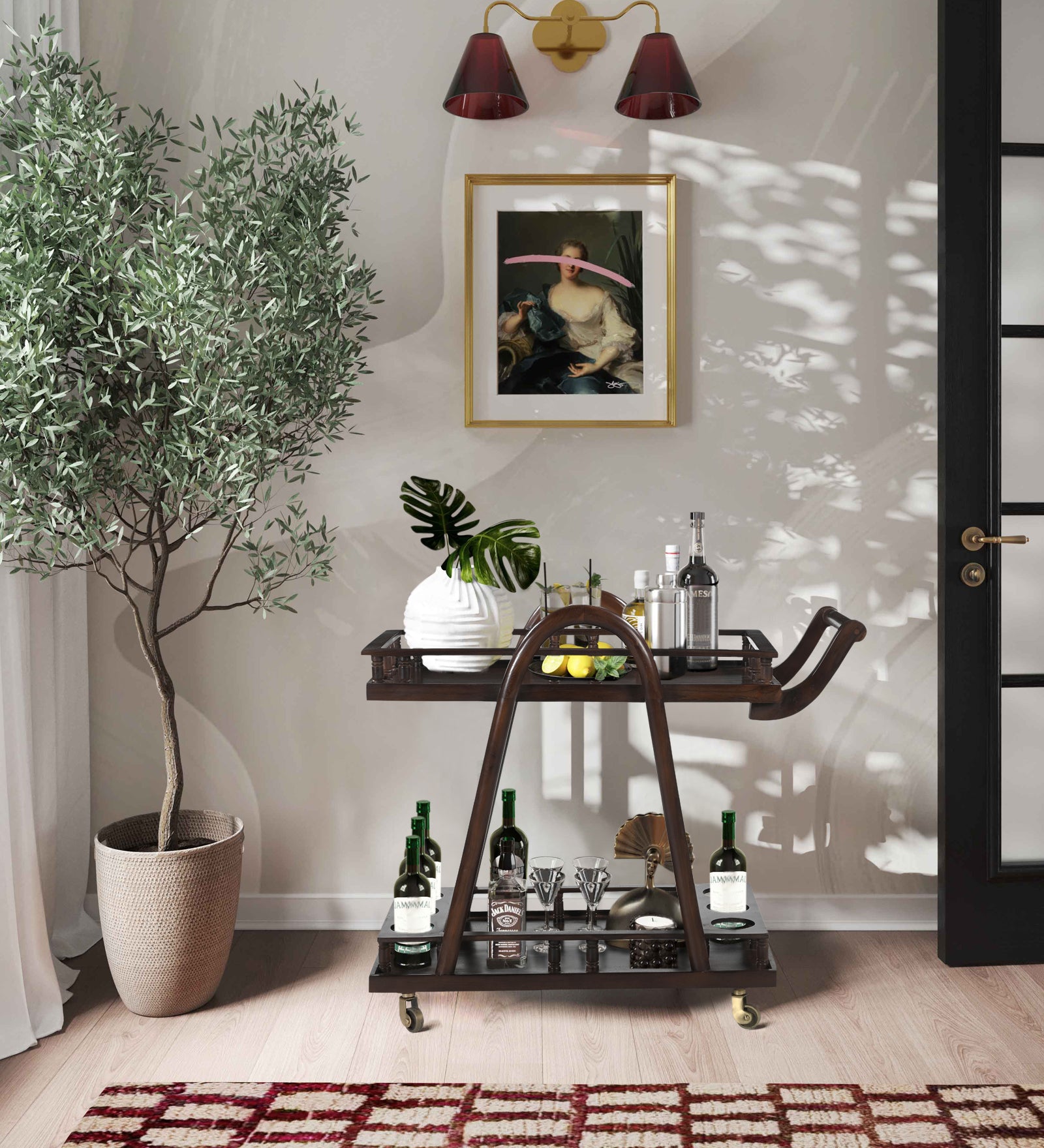 Wooden Bar Trolley – 2 Shelves & 6 Bottle Slots | Furniba