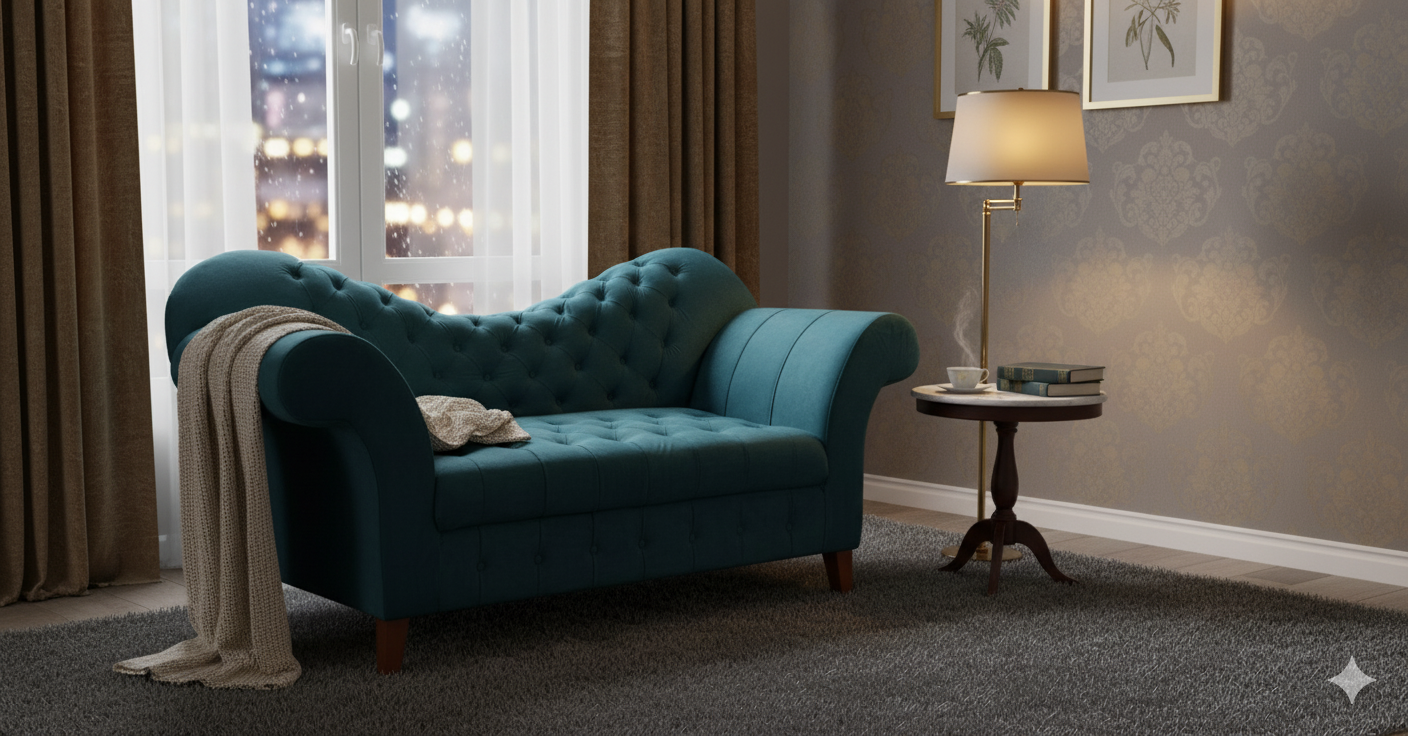 "Luxury Teal Velvet Tufted Chaise Lounge  Sofa with Rolled Arms"