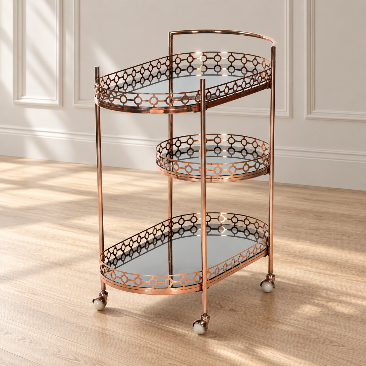 3 Tier Bar Trolley – Rose Gold Tone Oval Serving Cart | Furniba