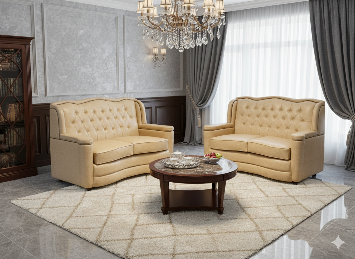 "Luxury Cream Beige Tufted Leather Sofa  Set with Scalloped Backrest"