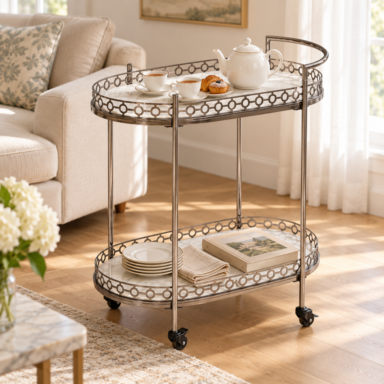 Metal Bar Trolley – Oval 2-Tier Serving Cart with Wheels | Furniba