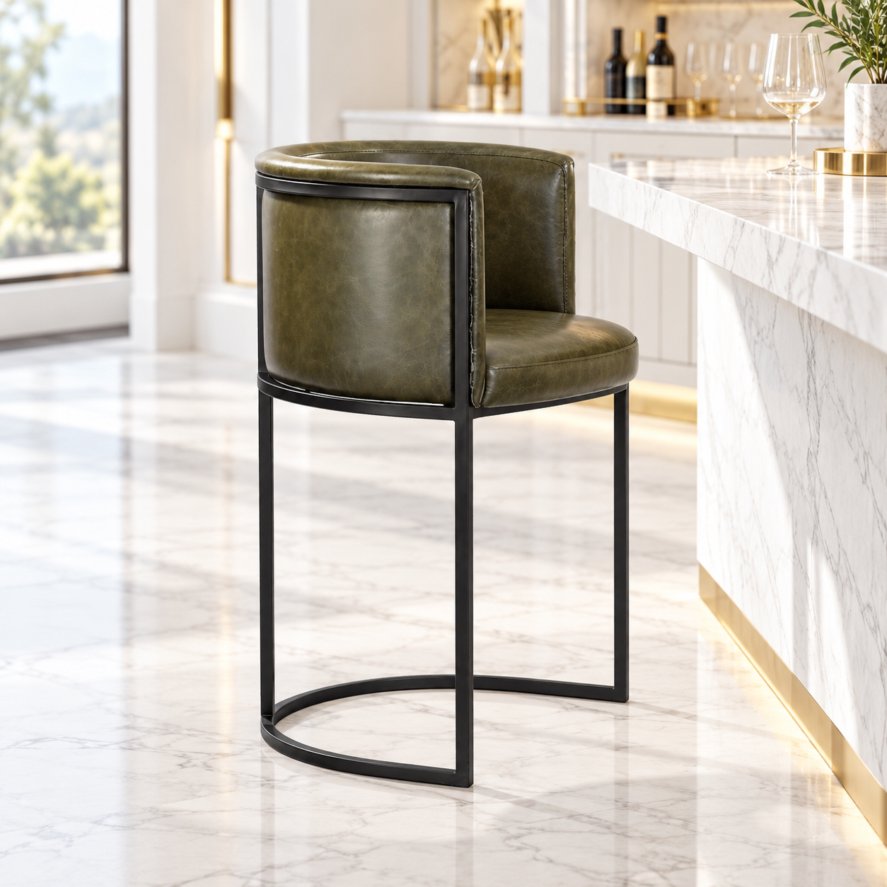 Olive Green Bar Stool with Back – Metal Frame & Footrest | Furniba