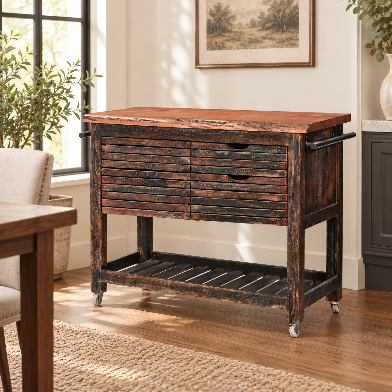 Wooden Kitchen Trolley with 4 Drawers & Open Shelf | Furniba