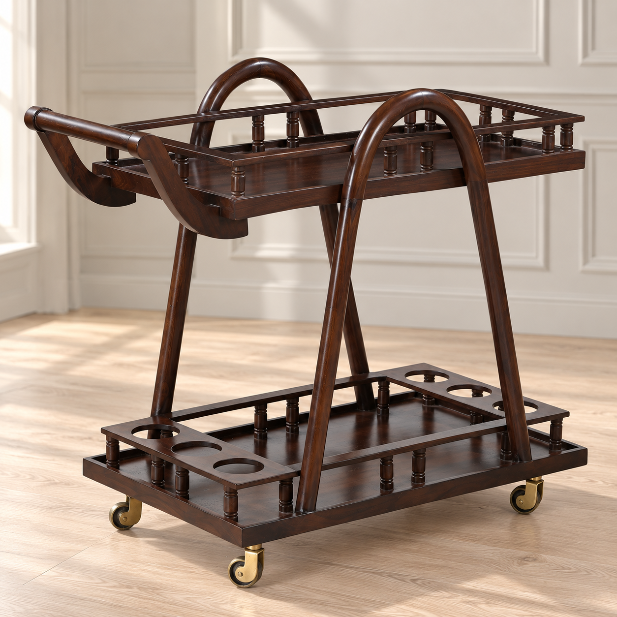 Wooden Bar Trolley – 2 Shelves & 6 Bottle Slots | Furniba
