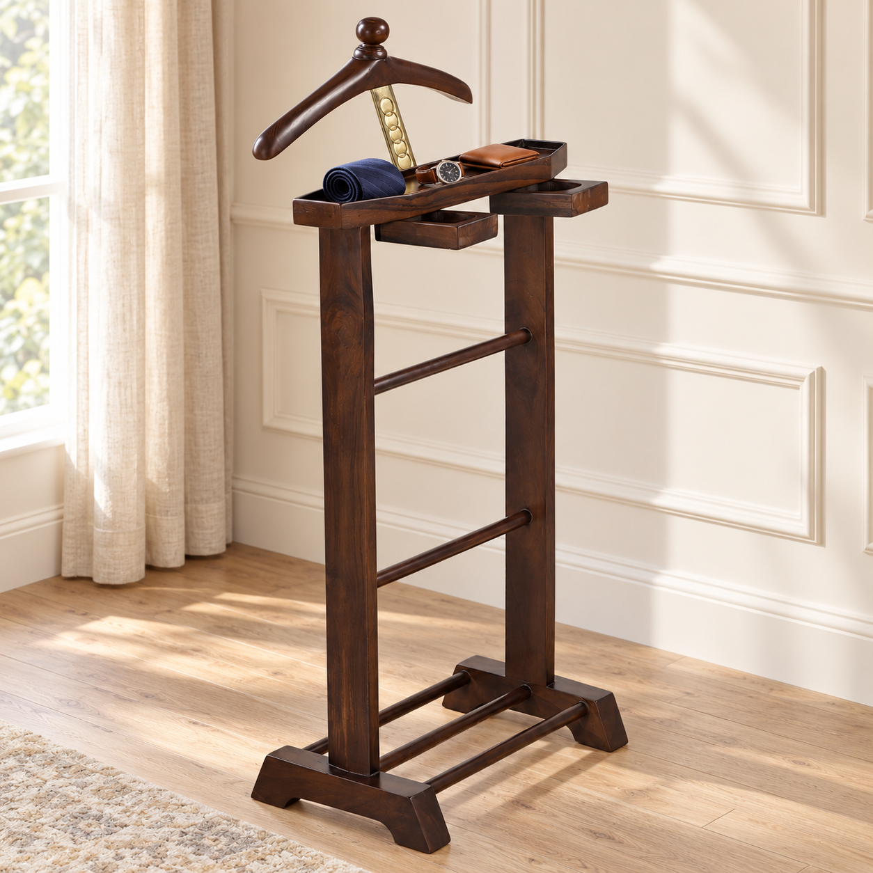 Wooden Valet Stand with Accessory Trays & Shoe Rack | Furniba
