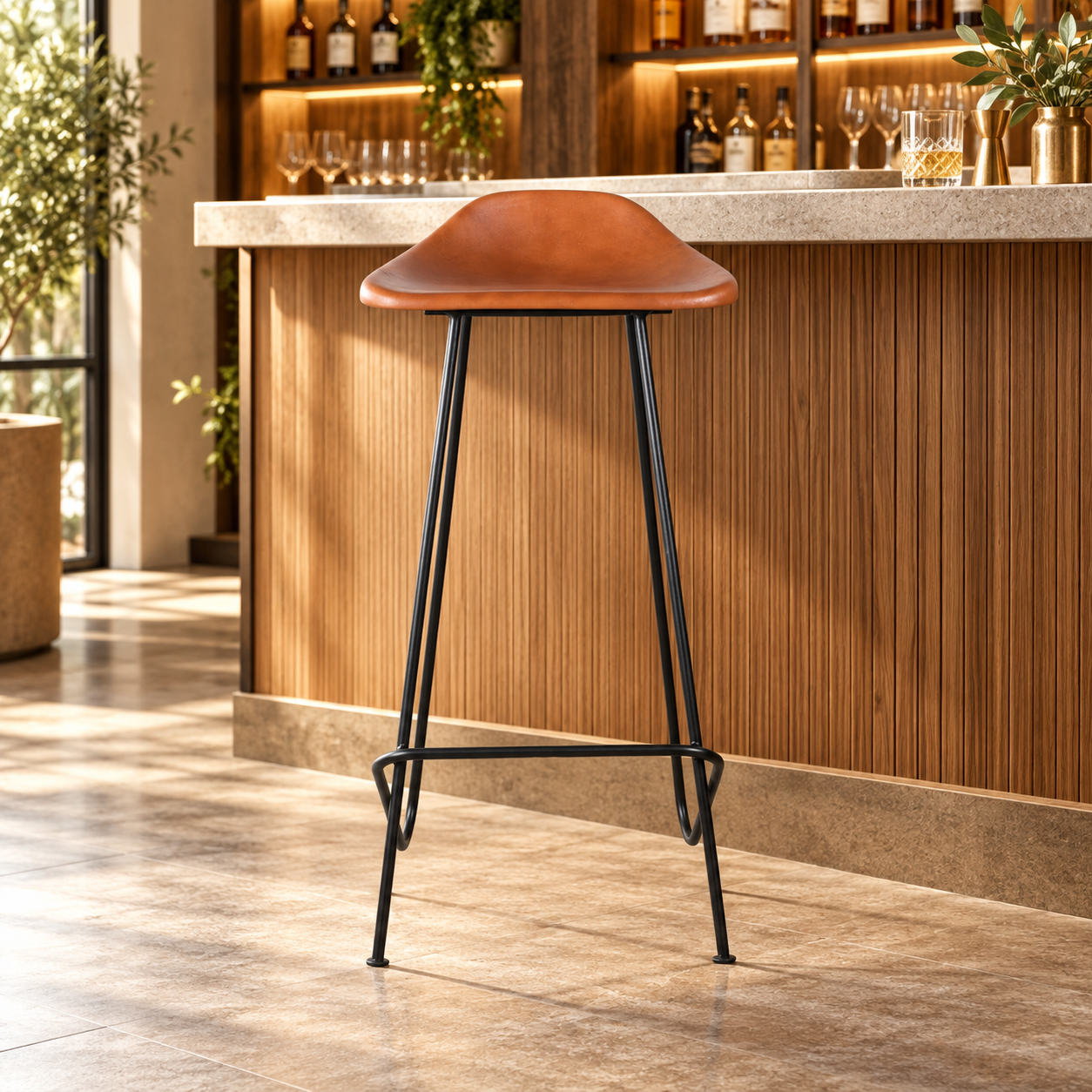 Leather Bar Stool – Tan Saddle Seat, Black Metal Frame | Furniba