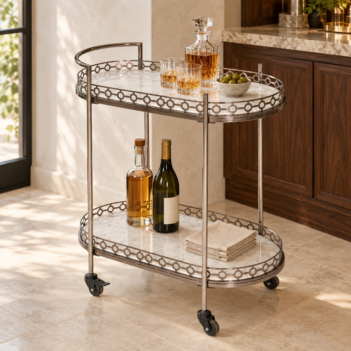Metal Bar Trolley – Oval 2-Tier Serving Cart with Wheels | Furniba