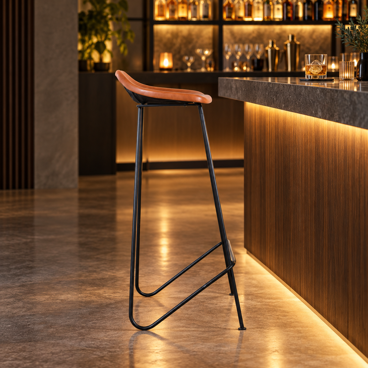Leather Bar Stool – Tan Saddle Seat, Black Metal Frame | Furniba