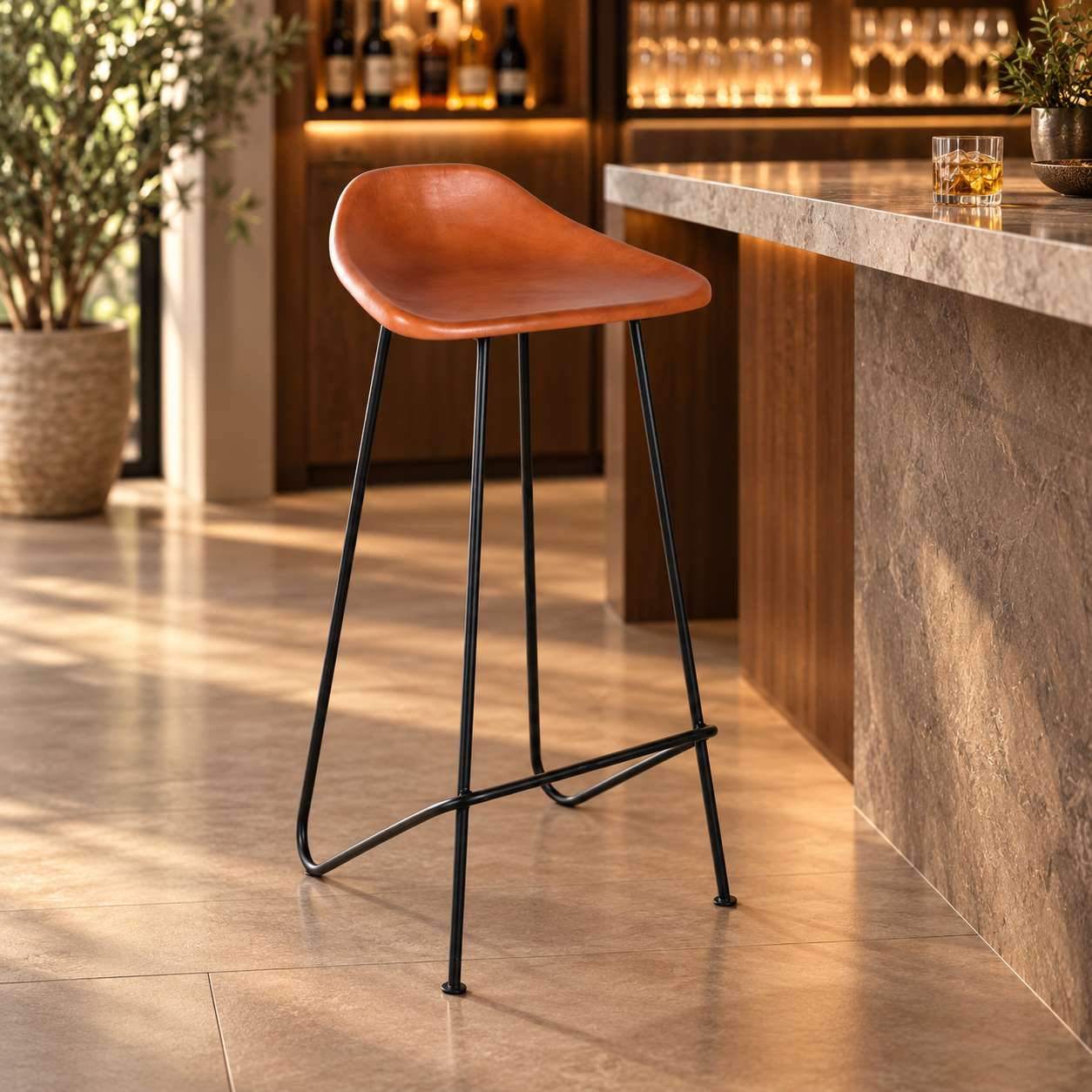 Leather Bar Stool – Tan Saddle Seat, Black Metal Frame | Furniba