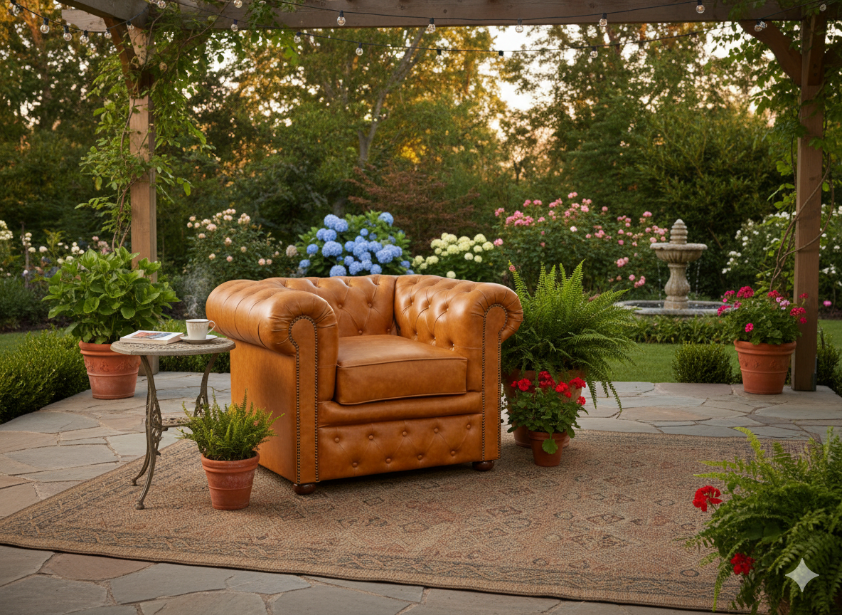 "Classic Vintage Tan Leather Chesterfield  Armchair with Nailhead Trim"