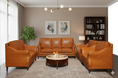 "Luxury Tan Brown Leather 5-Piece Sofa Set  with Nailhead Trim & Wooden Legs"