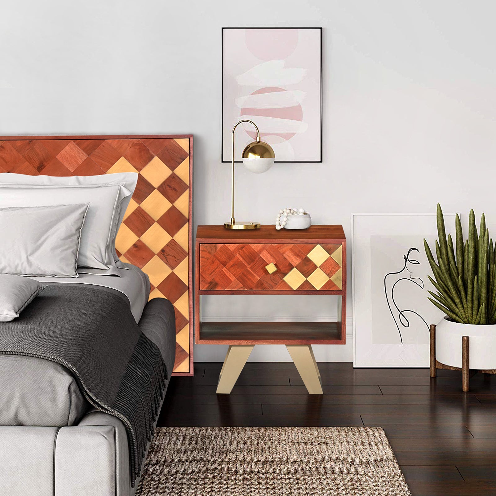 Modern Wooden Nightstand with Brass Inlay  Drawer and Gold Metal Legs