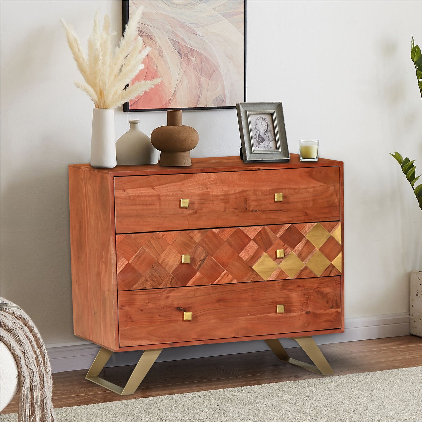 Modern Wooden Nightstand with Brass  Inlay and Gold Metal Base