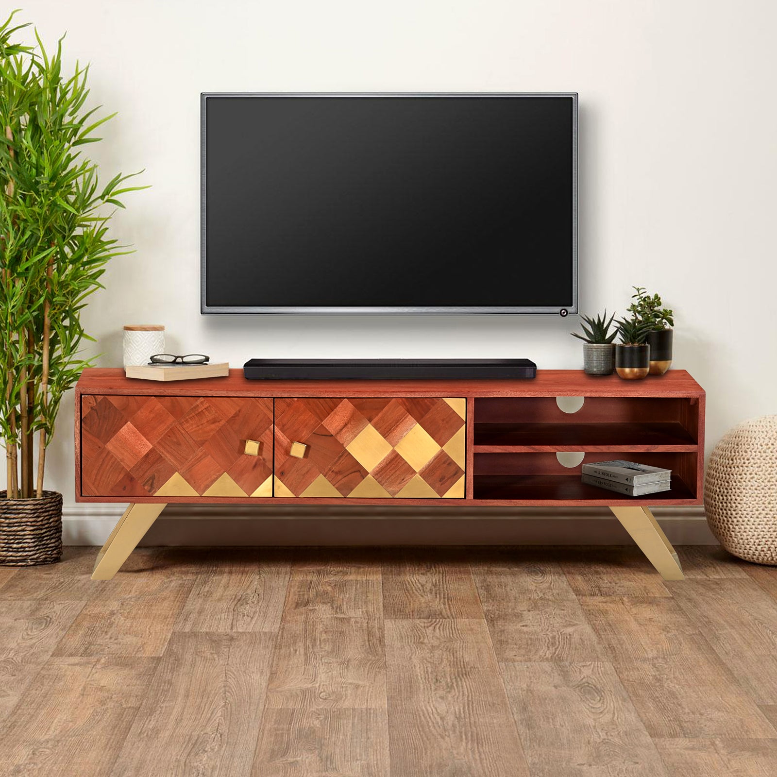 Modern Wooden TV Unit Media Console with Brass Inlay and Gold Legs