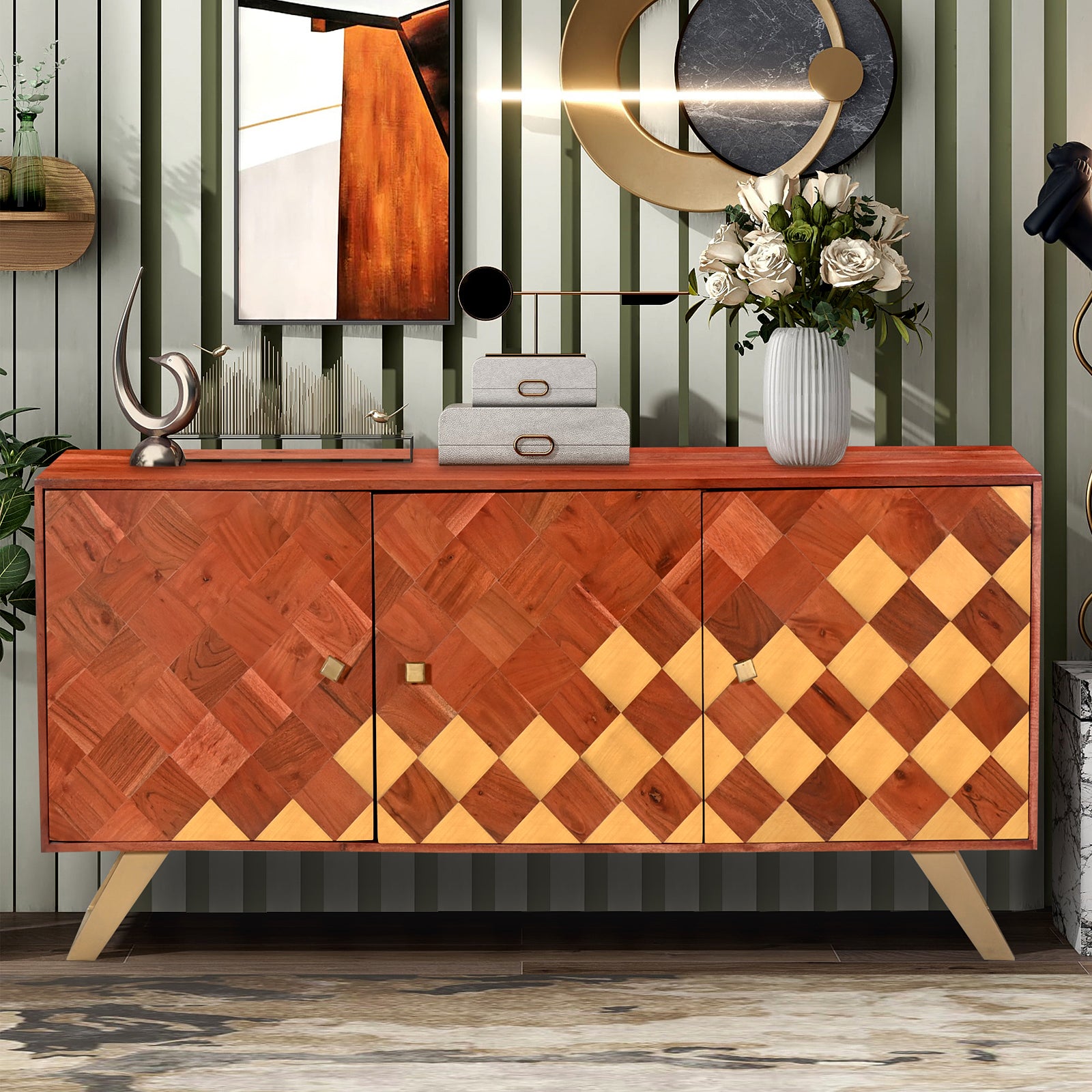 Modern Wooden 3-Door Sideboard Credenza  with Brass Inlay and Gold Legs