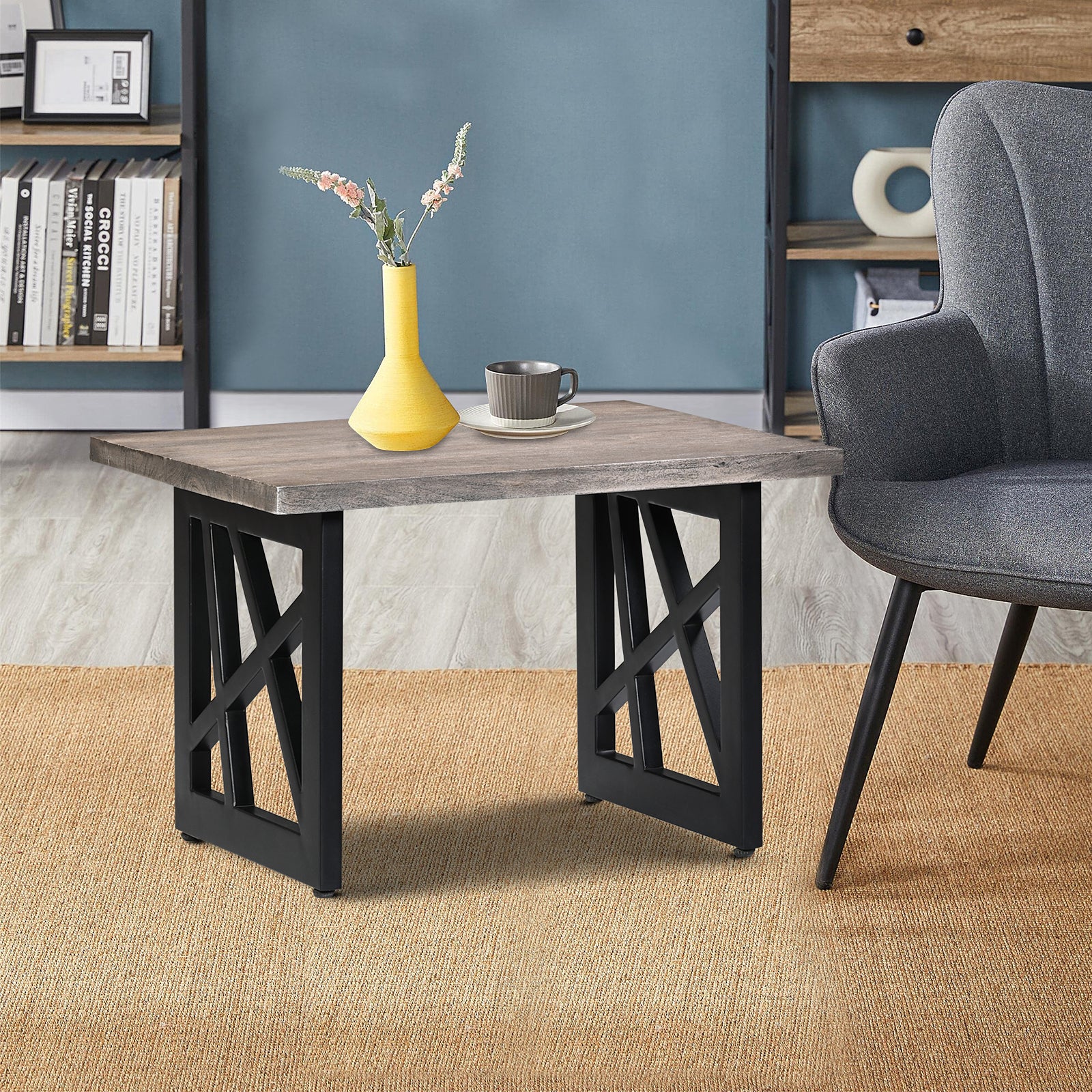 Industrial Grey Wooden End Table with  X-Shape Black Metal Legs