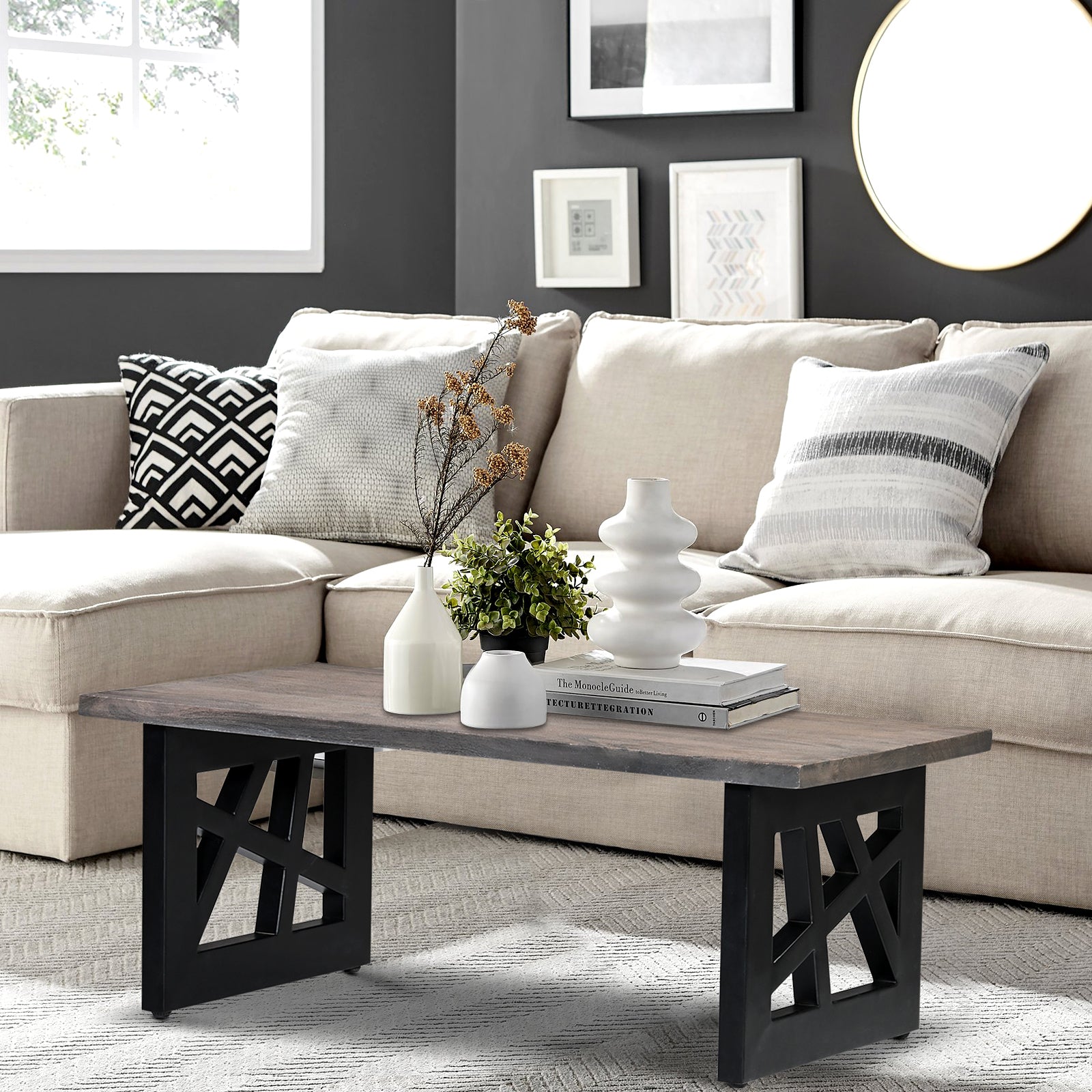 Industrial Grey Wooden Coffee Table with  Geometric Black Metal Legs