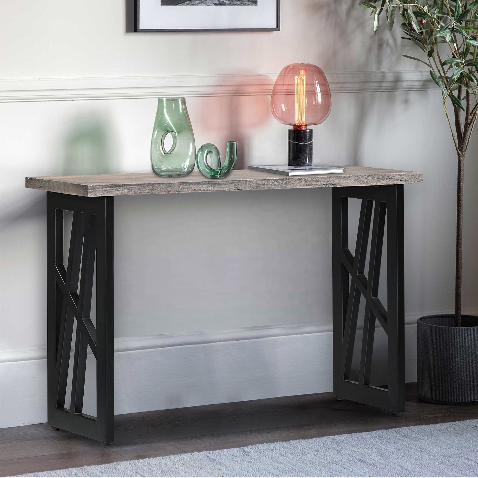 Industrial Grey Wooden Console Table with  Geometric Black Metal Legs