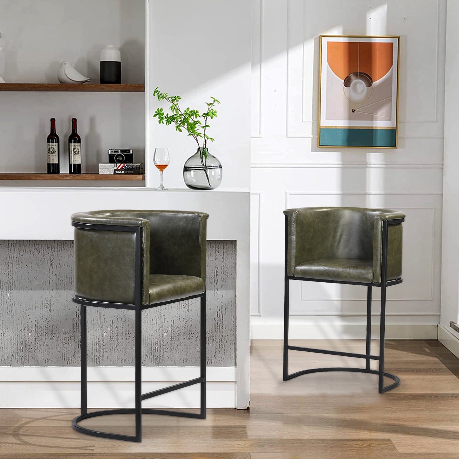 Olive Green Bar Stool with Back – Metal Frame & Footrest | Furniba