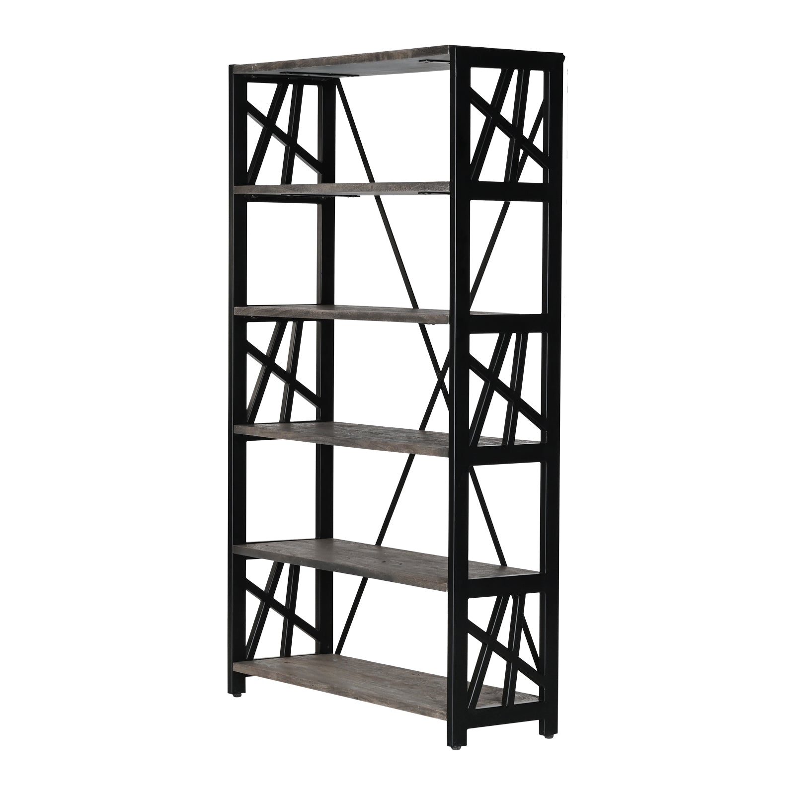Industrial 5-Tier Wooden Bookcase with Geometric Black Metal Frame