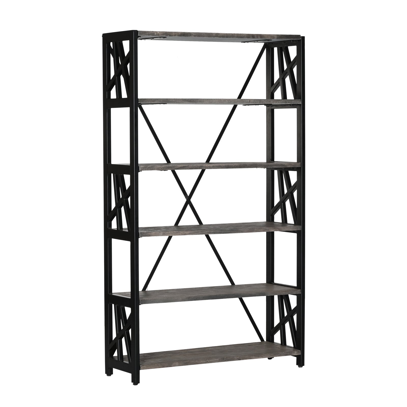 Industrial 5-Tier Wooden Bookcase with Geometric Black Metal Frame