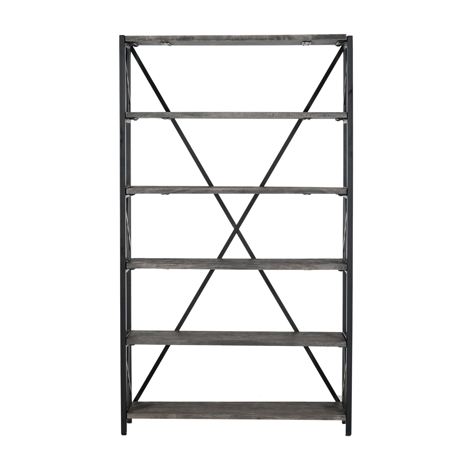 Industrial 5-Tier Wooden Bookcase with Geometric Black Metal Frame