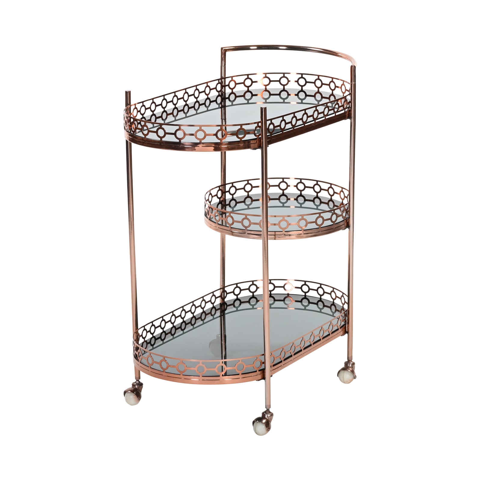3 Tier Bar Trolley – Rose Gold Tone Oval Serving Cart | Furniba