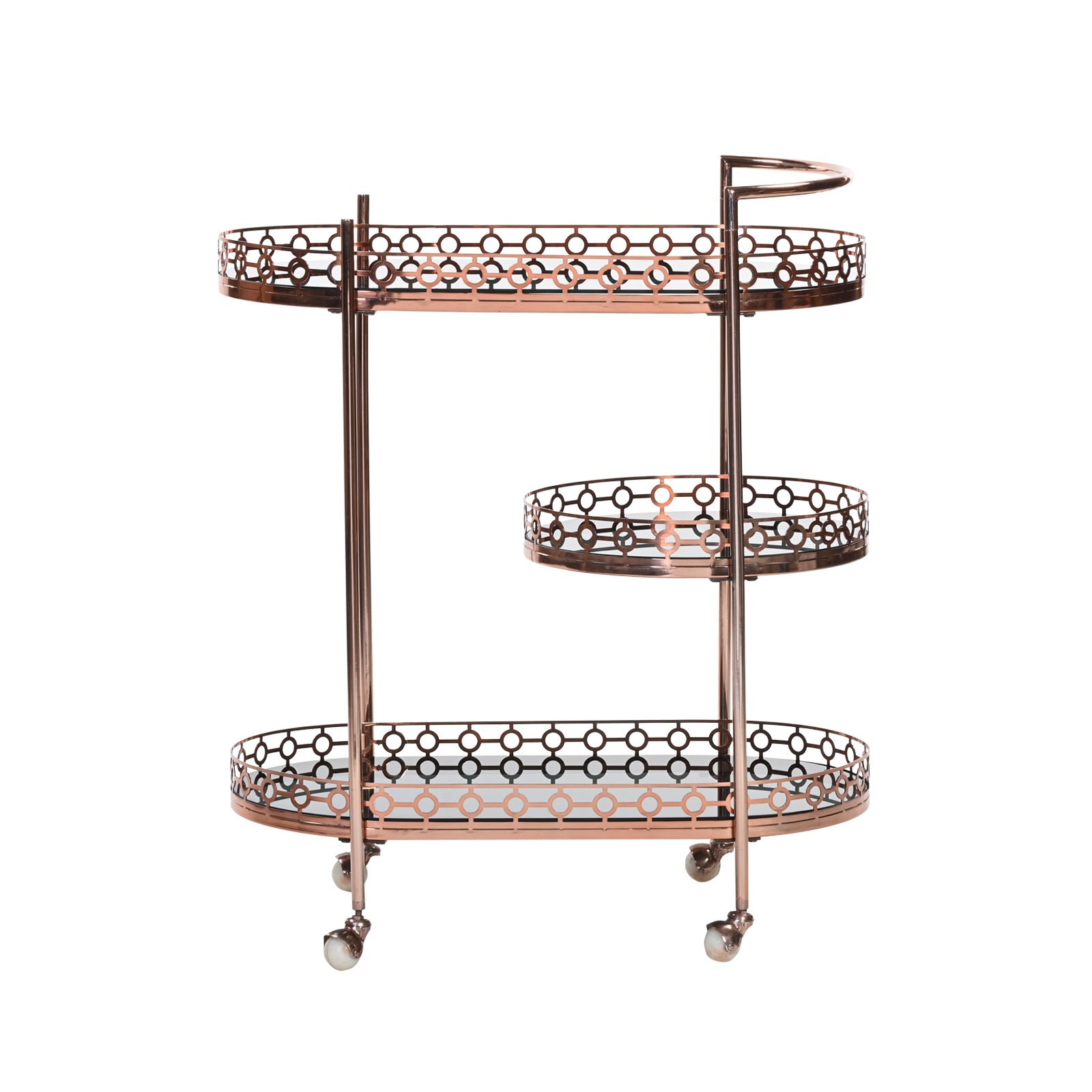 3 Tier Bar Trolley – Rose Gold Tone Oval Serving Cart | Furniba