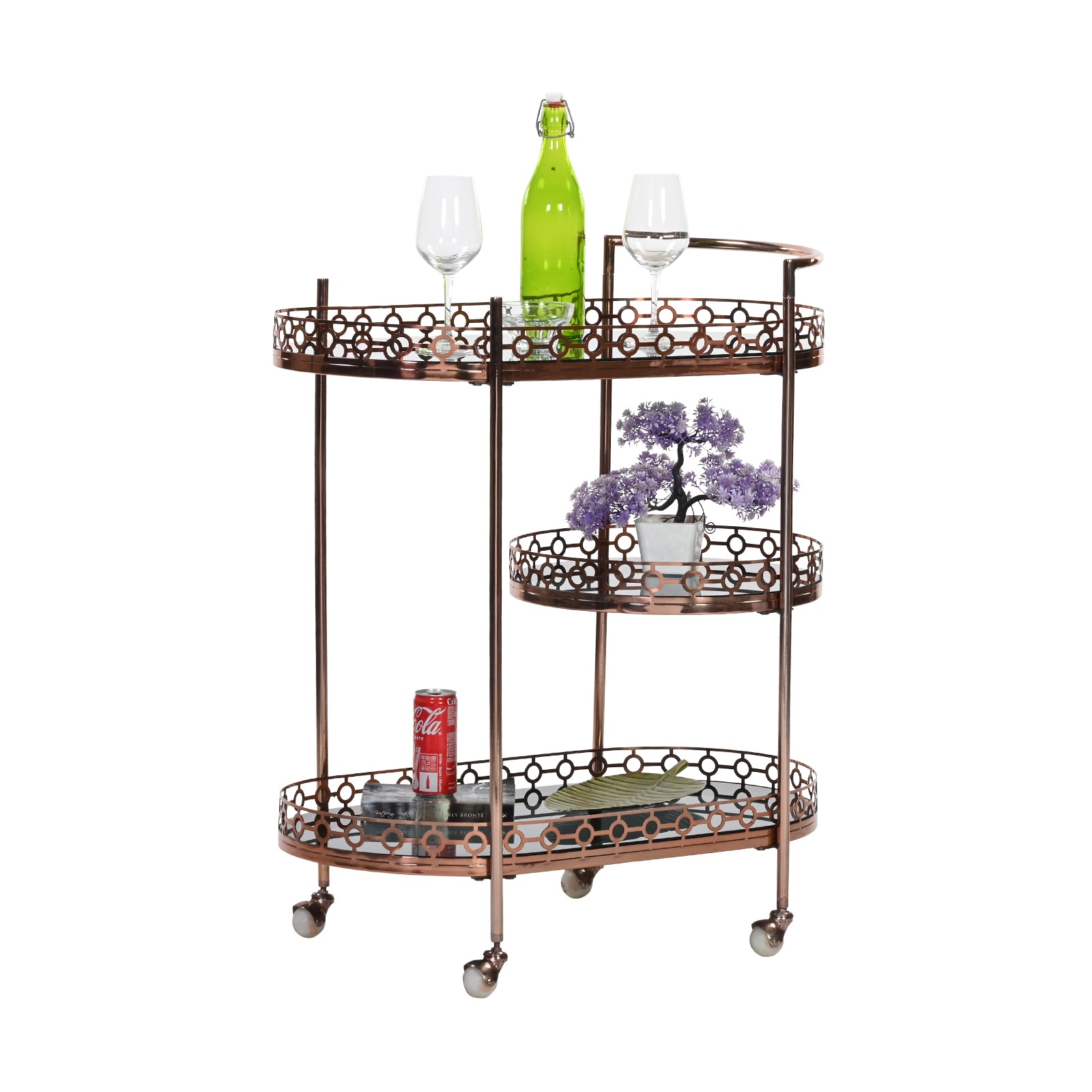 3 Tier Bar Trolley – Rose Gold Tone Oval Serving Cart | Furniba