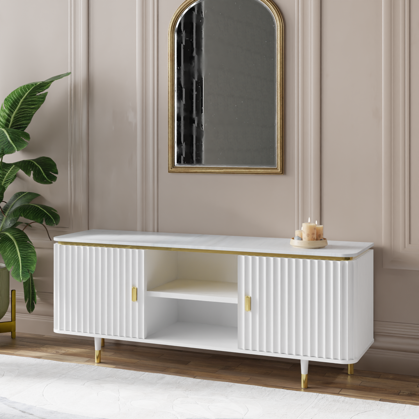 Modern Fluted Black TV Console Unit with White Marble Top & Gold Accents