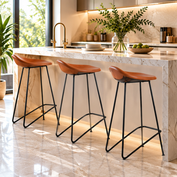 Leather Bar Stool – Tan Saddle Seat, Black Metal Frame | Furniba