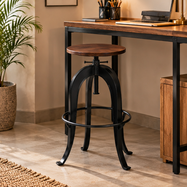 Industrial Adjustable Bar Stool with Wooden Seat – Brown | Furniba