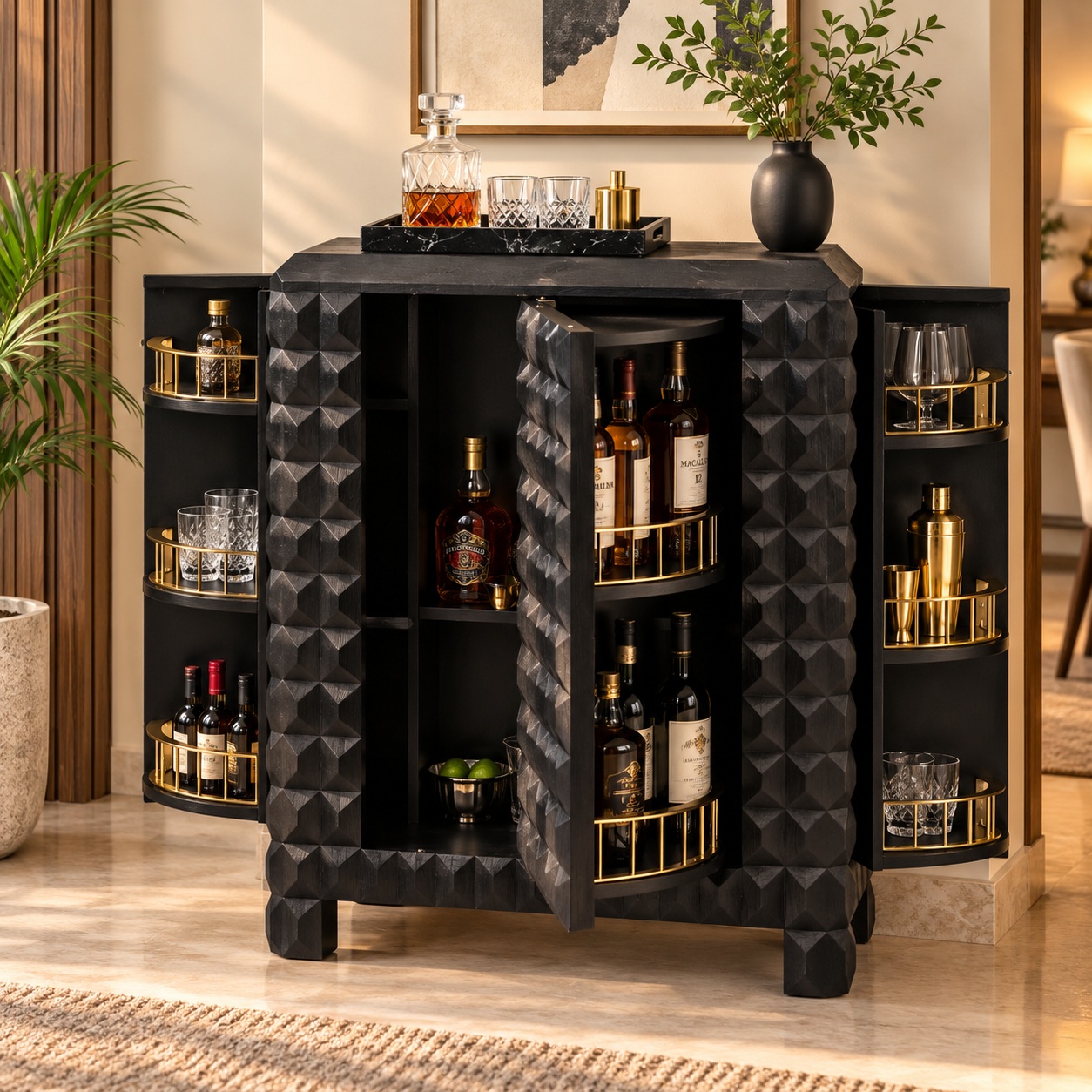 Wooden Bar Cabinet with 3D Diamond Carved Doors | Furniba