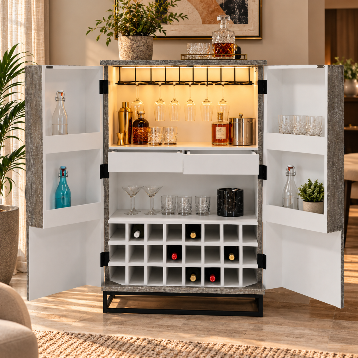 Bar Cabinet with Wine Rack, Carved Wooden Doors & LED | Furniba