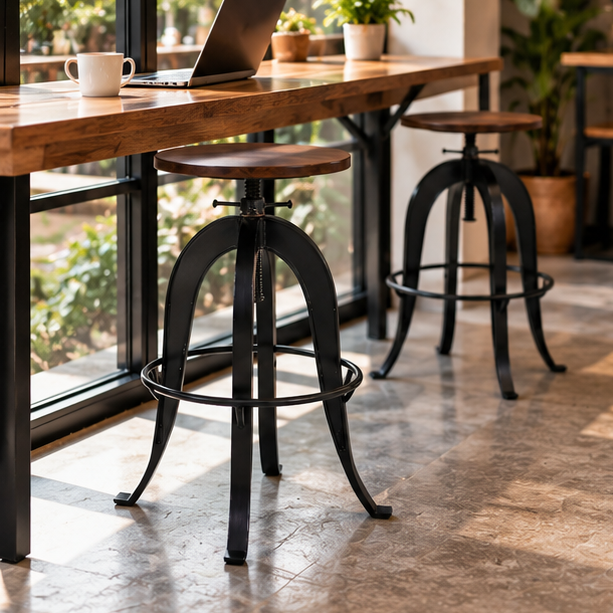 Industrial Adjustable Bar Stool with Wooden Seat – Brown | Furniba