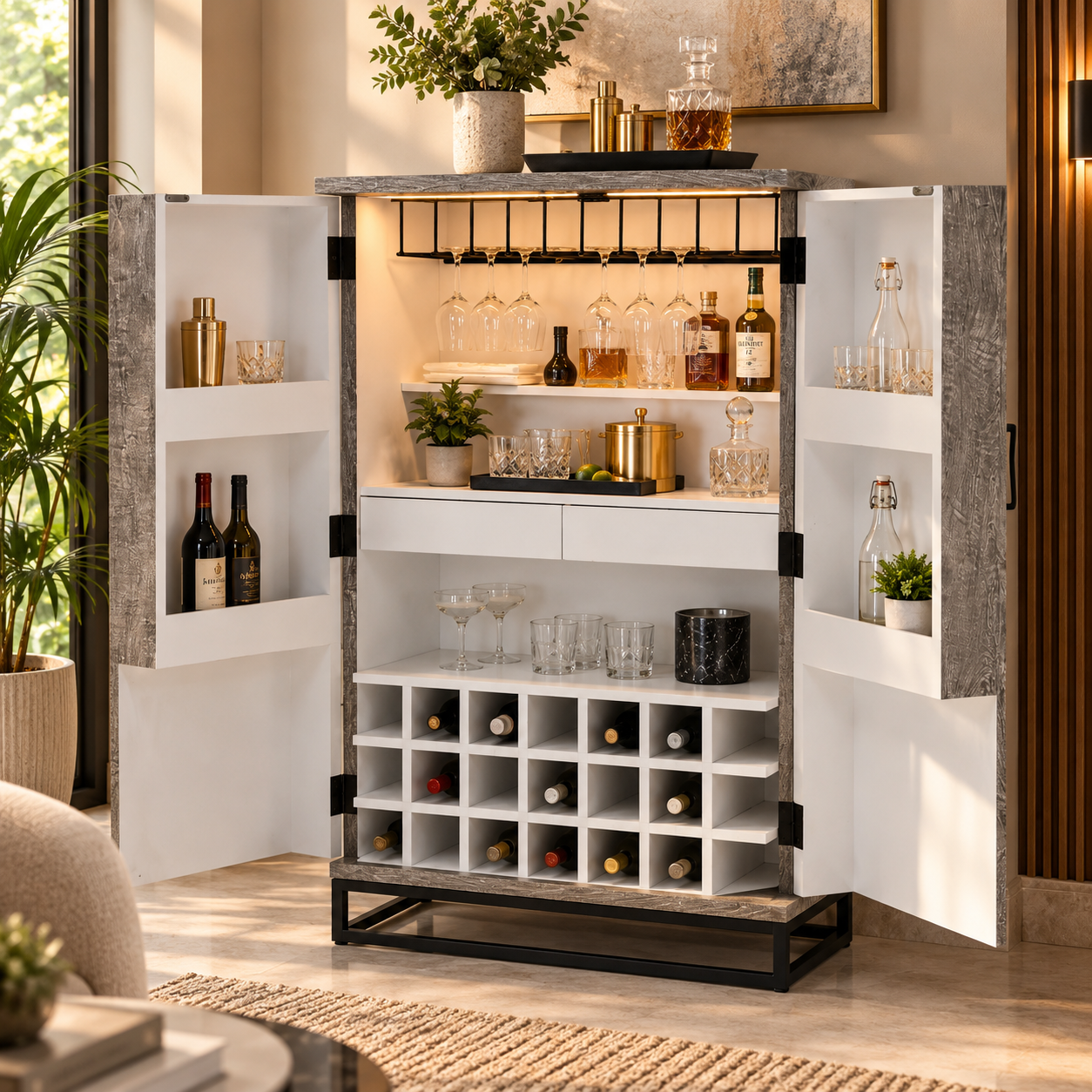 Bar Cabinet with Wine Rack, Carved Wooden Doors & LED | Furniba