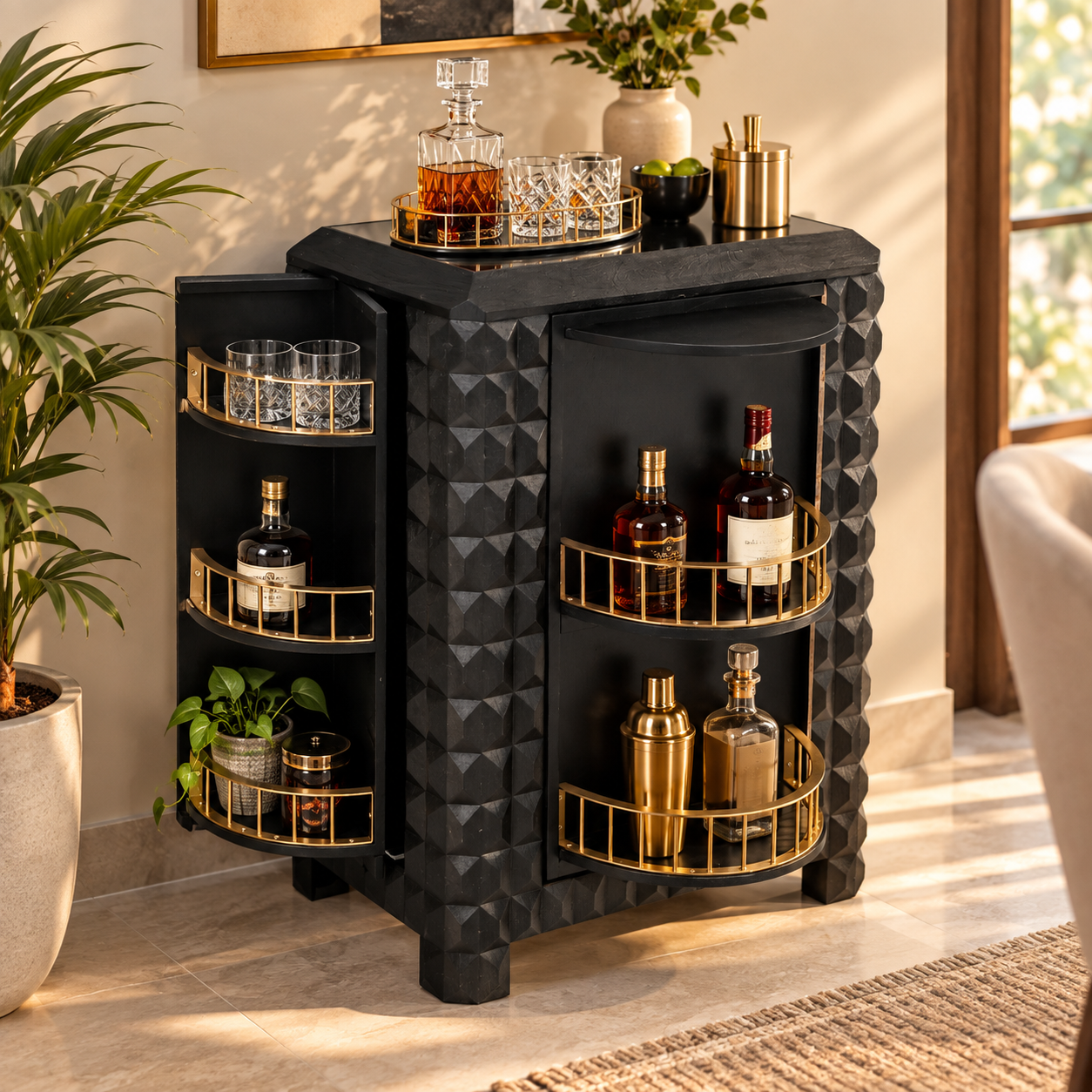 Wooden Bar Cabinet with 3D Diamond Carved Doors | Furniba