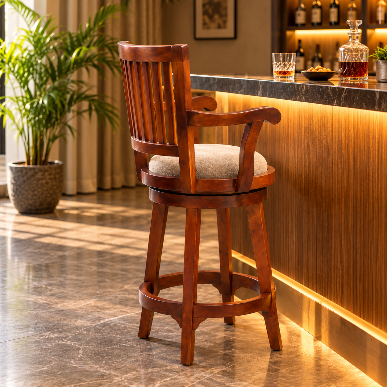 Wooden Bar Stool with Arms & Upholstered Seat – Brown