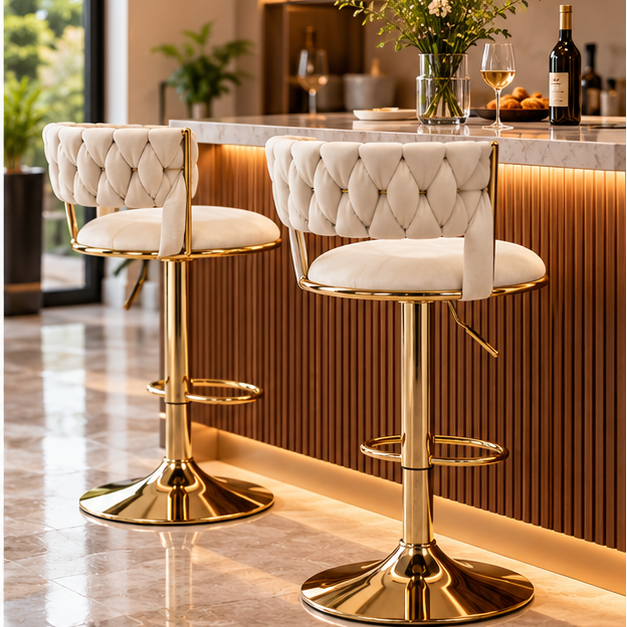 White Velvet Bar Stool with Gold Base & Footrest